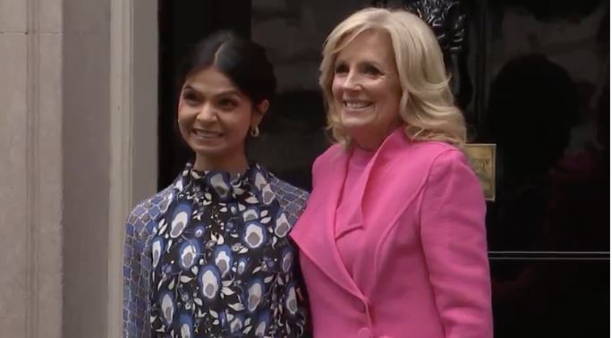 First lady Dr. Jill Biden, right, arrived at 10 Downing, where she is meeting with Mrs. Akshata Mur...