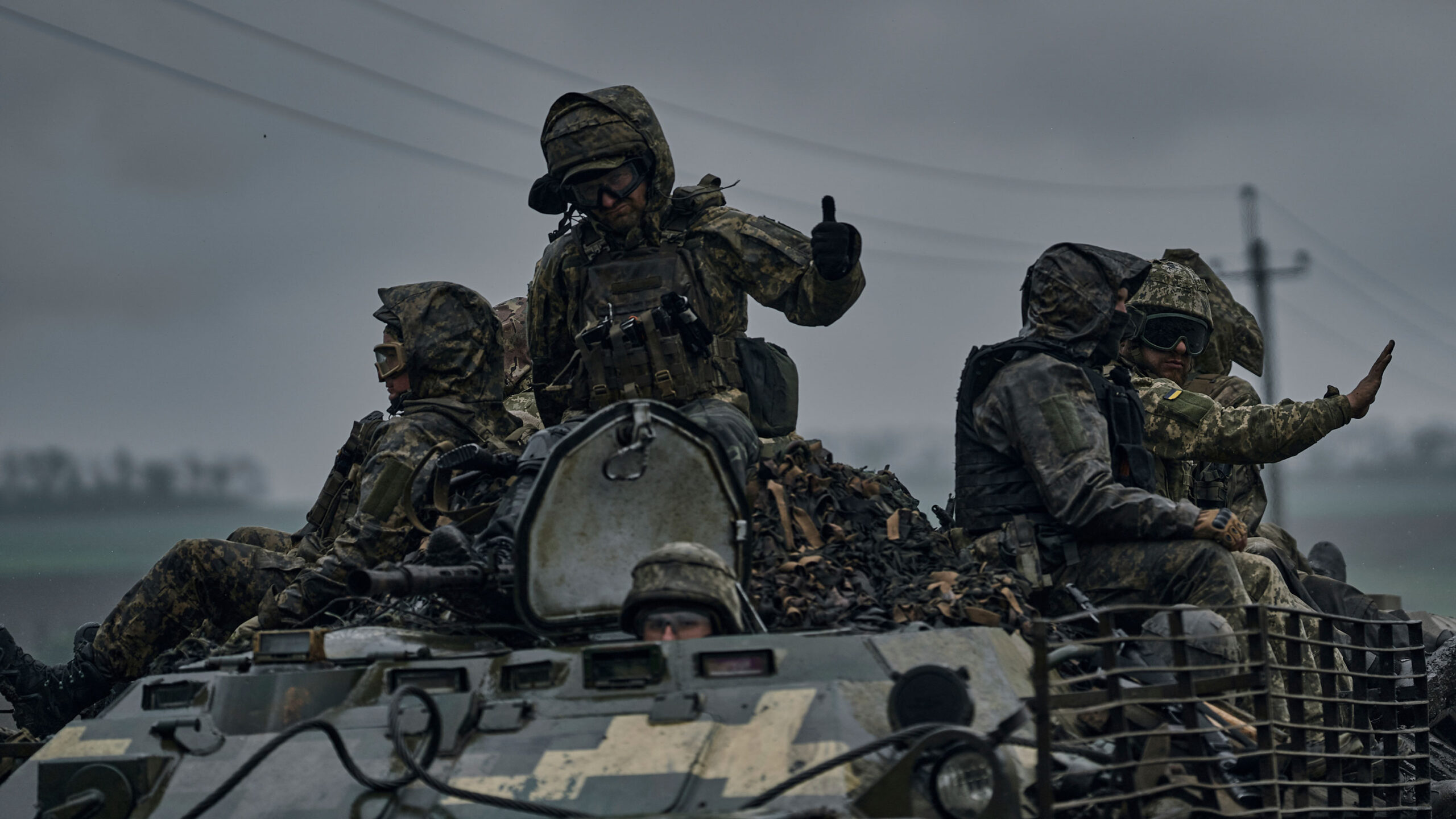 Ukrainian servicemen ride towards frontline positions near Vuhledar, Donetsk region, Ukraine, on Ma...